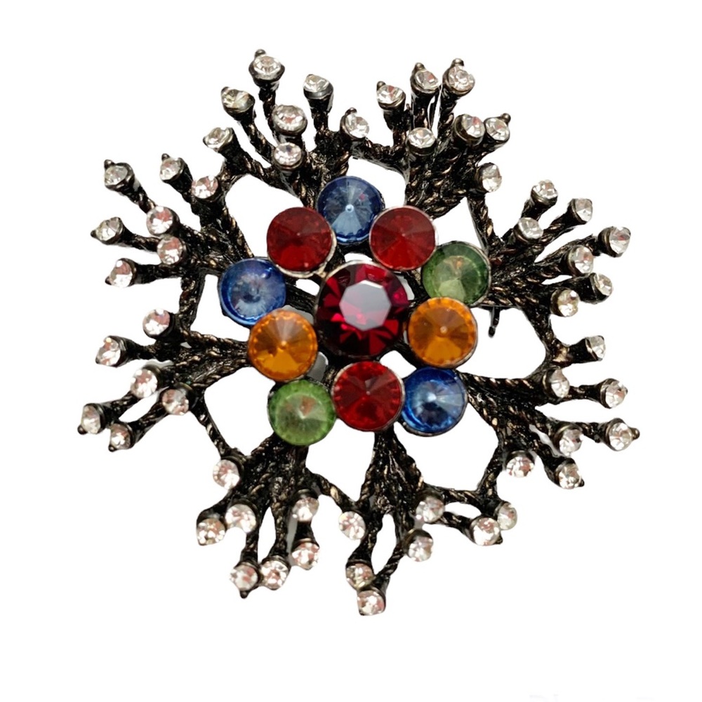 Colorful rhinestone cluster floral branch coral brooch pin
